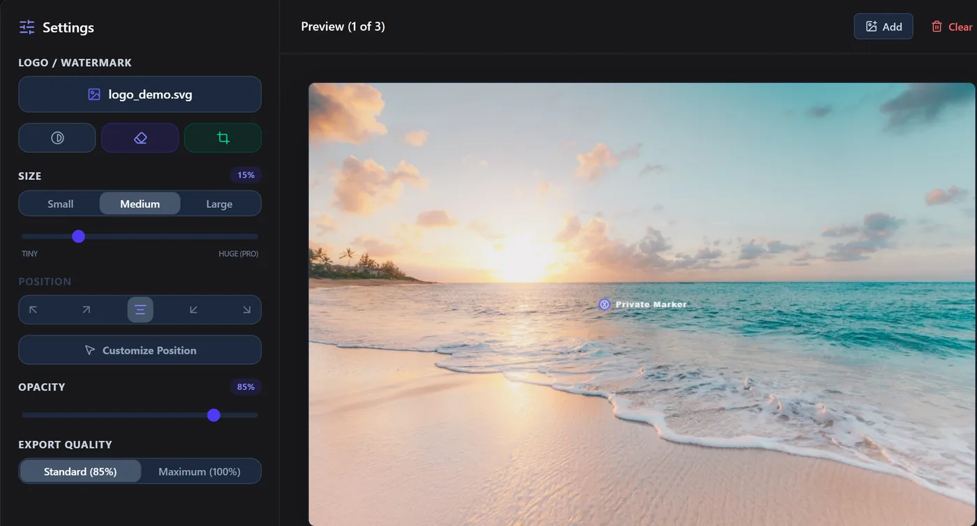 Logo positioning controls and live preview in Private Marker