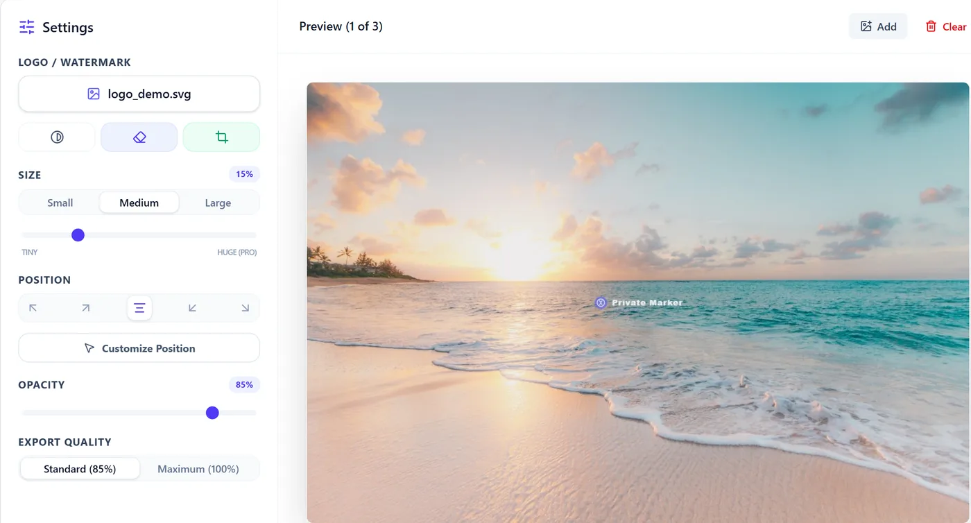 Logo positioning controls and live preview in Private Marker